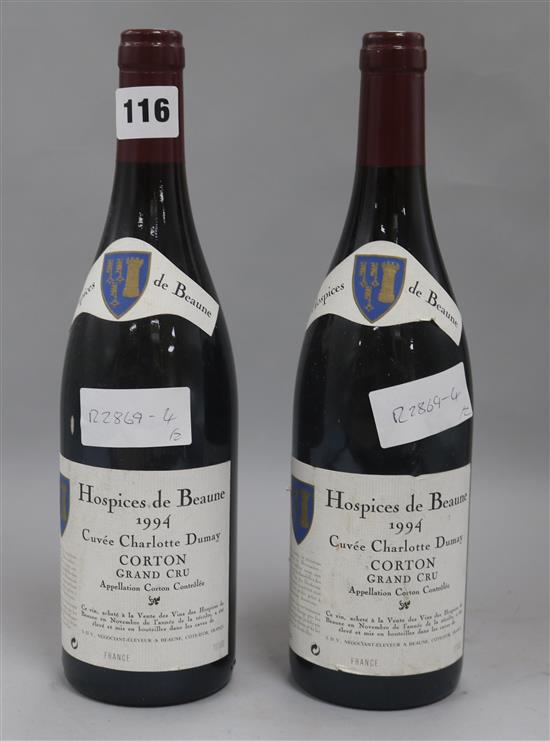 Two bottles of Hospices de Beaune Corton-Cuvee, Charlotte Dumay, 1994.